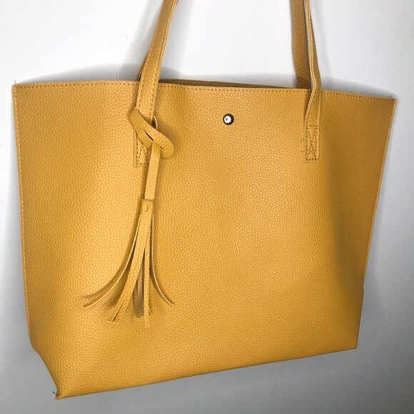 Mustard Pebble Yellow Shoulder Handbag Tote w/ Tassel - Picture 7 of 7